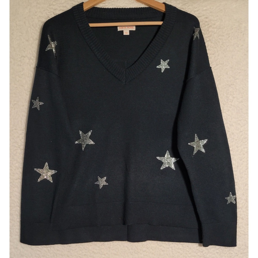 Knox Rose Star Sequin Sweater Size L 3/4 Sleeve Pullover Black 1798